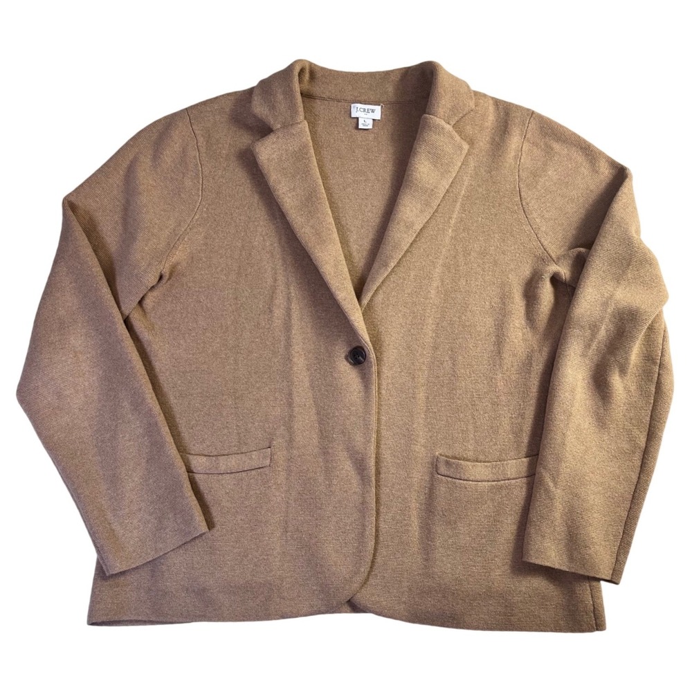 J.Crew Sweater Blazer Tan Cotton Knit One Button Pocket Large Preppy Classic